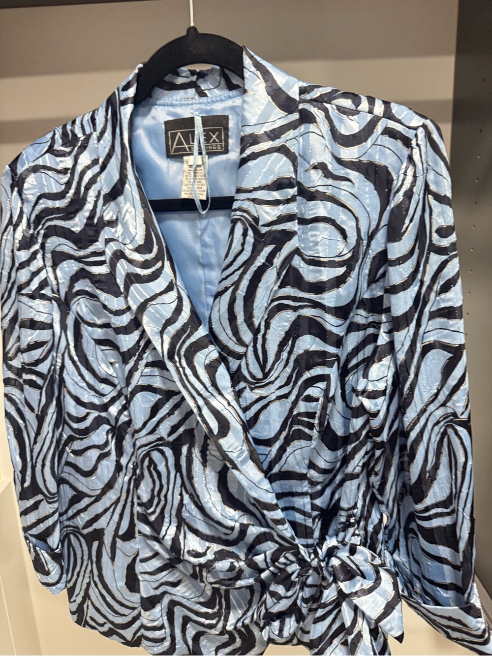 Vintage Alex Evenings Light Blue and Black Swirl Wrap Jacket EUC